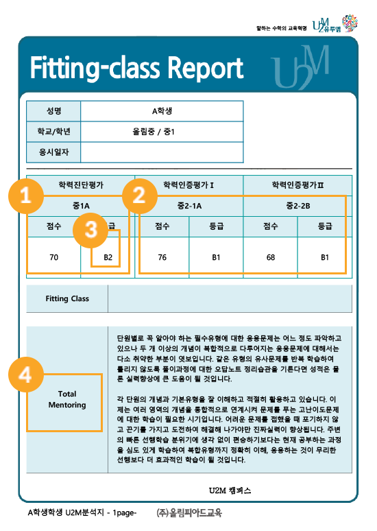Fitting-class Report, 학년진단평가 결과, 학력인증평가 결과, 등급, 멘토링 내용 기재
